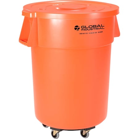 Global Industrial Plastic Trash Can with Lid & Dolly, 55 Gallon Bright Orange 240464BORB